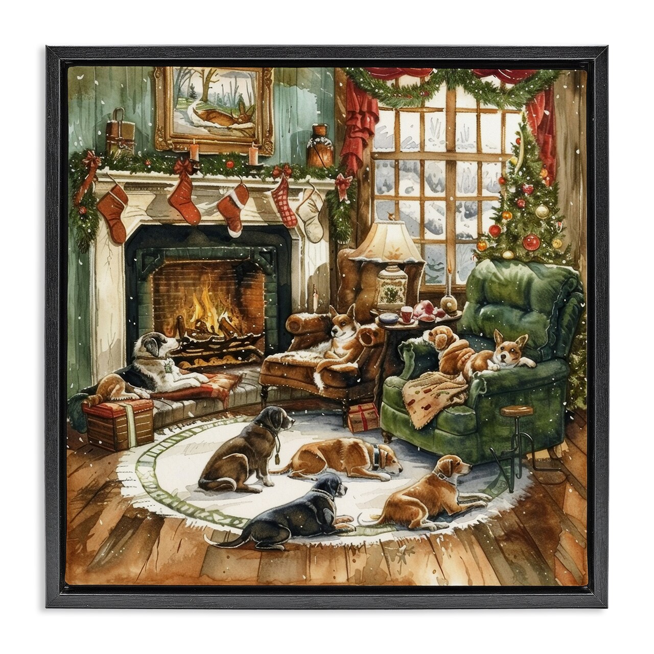 Stupell Industries Dogs Around Christmas Fireplace Floating Frame, design by LSR Design Studio